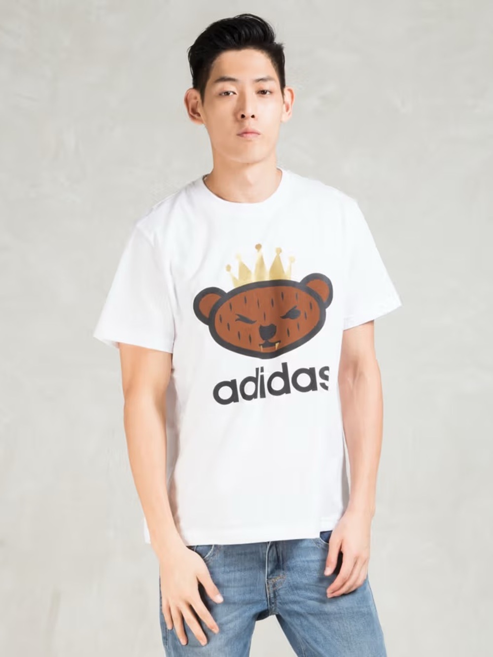 adidas White Tee with Brown Bear and Gold Crown